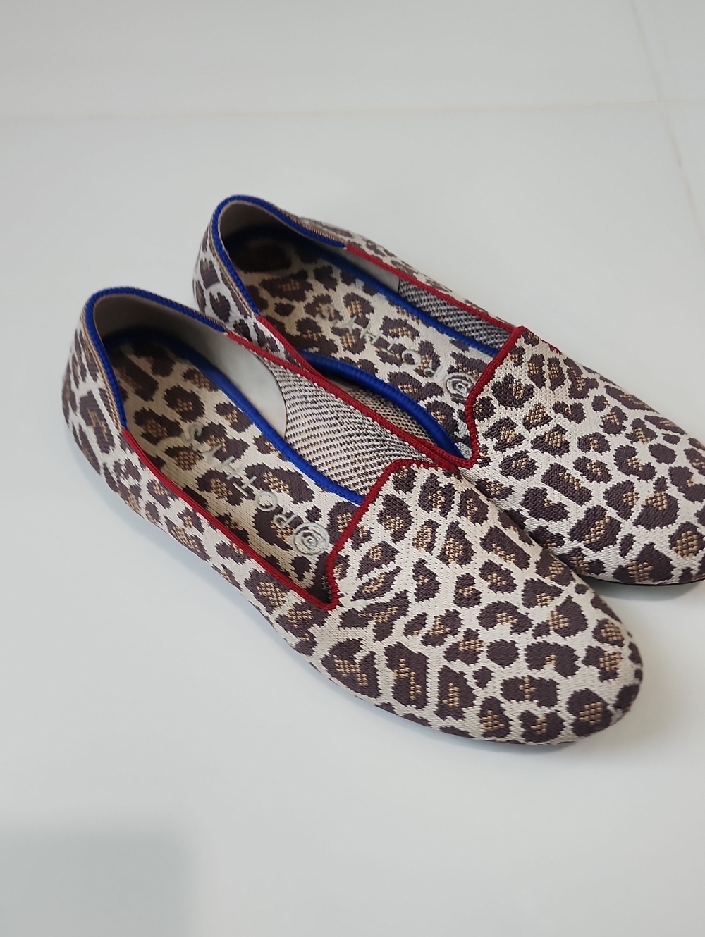 Rothy's Mocha Spot Leopard-Print Loafers in Brown and Cream with Red Trim